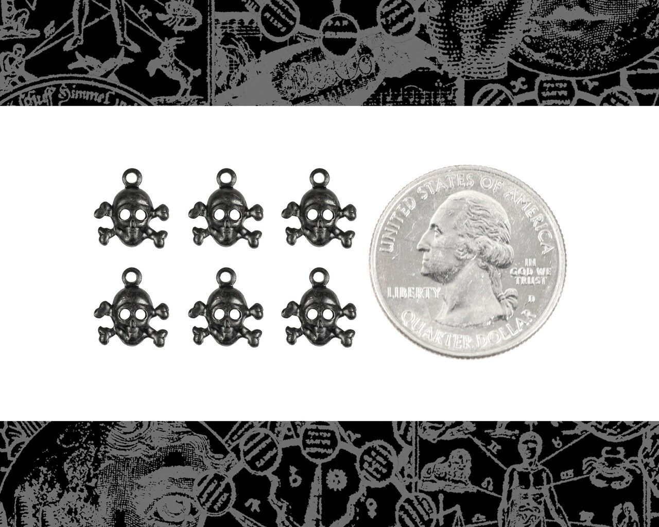 Black Plated Brass Mini Skull and Crossbones Charms - Set of Six - BB-C178